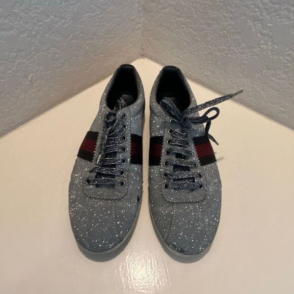 Gucci Women's 9.5 Bambi Webb Metallic Sneakers Silver Blue Red Icon Stripe Disco - Picture 2 of 16